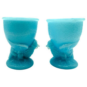 Lot of 2 Blue Egg Cups Vintage Milk Glass Footed Holder Hen Chicken Bird READ